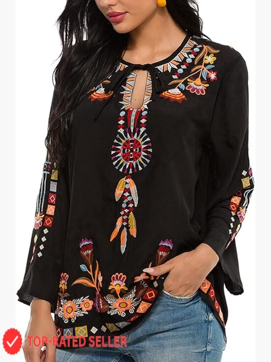 Tops - Embroidered Peasant Tunic Blouse Boho Chic Loose Fit Long Sleeve Summer Top